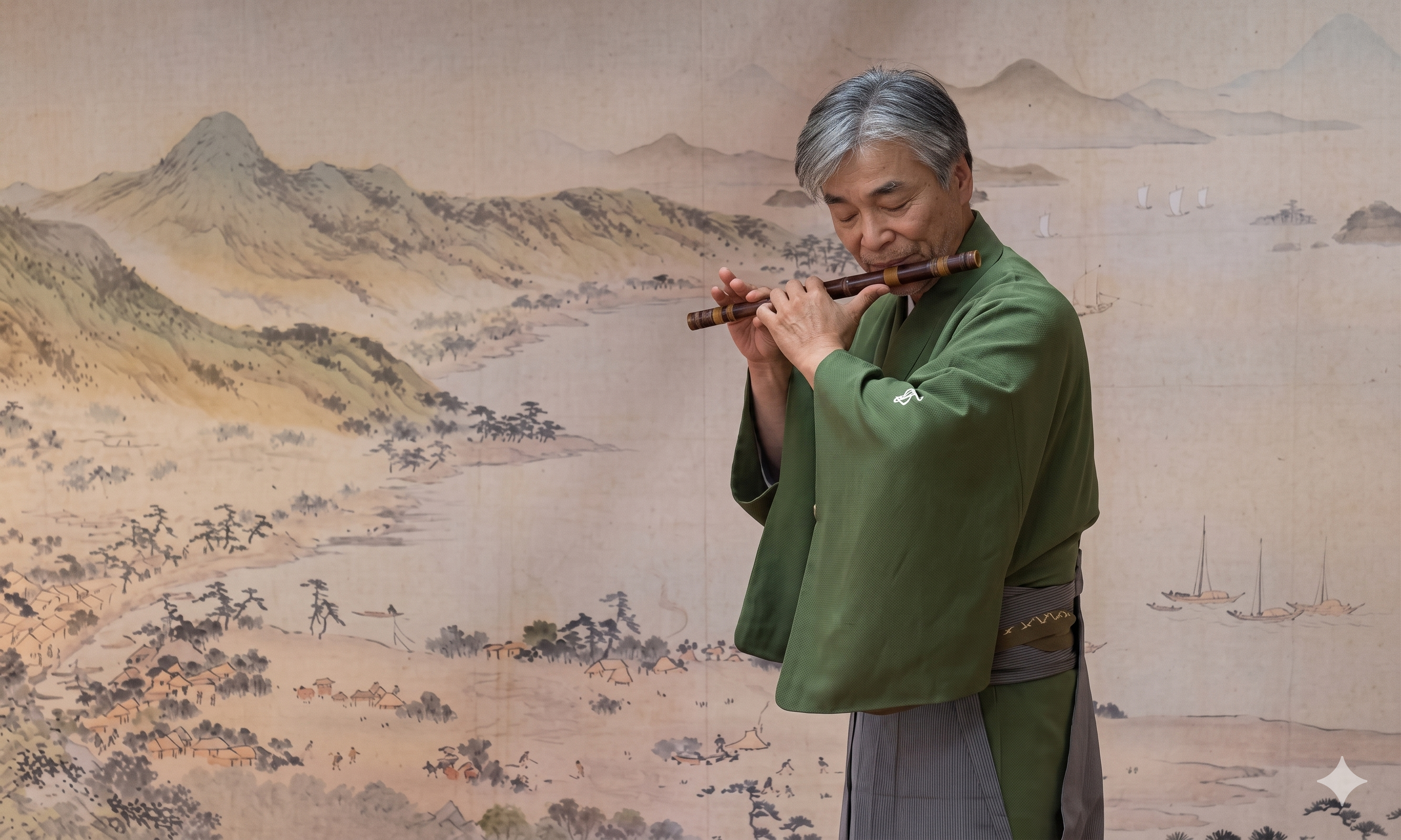 福原一閒 篠笛を構える ─ 山水画を背景に